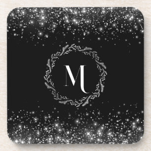 Porta-copo Glitter Prata Monograma Preto