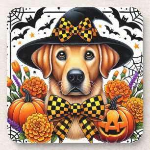 Porta-copo Golden Retriever com Chapéu de Bruxa por Abóboras