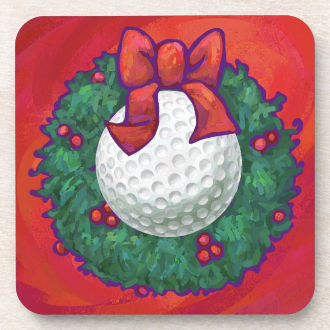 Porta-copo Golf Ball Christmas Wreath on Red (Frente)