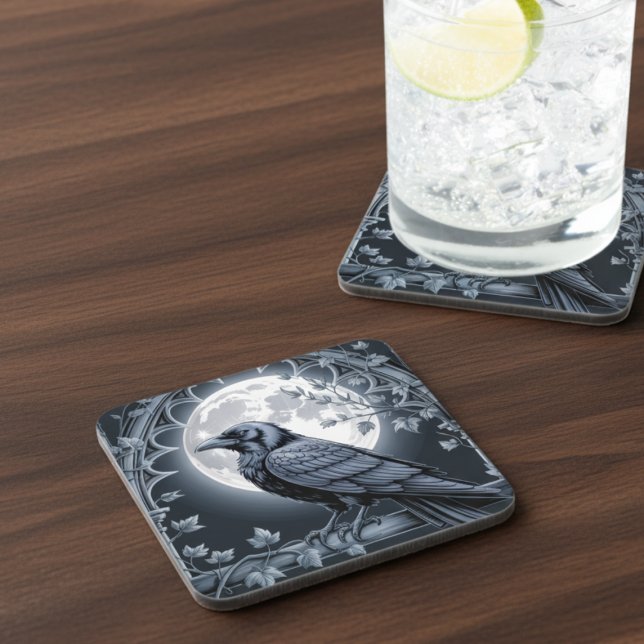 Porta-copo Gothic Moonlit Raven Dark Academia (Black raven drink coaster)