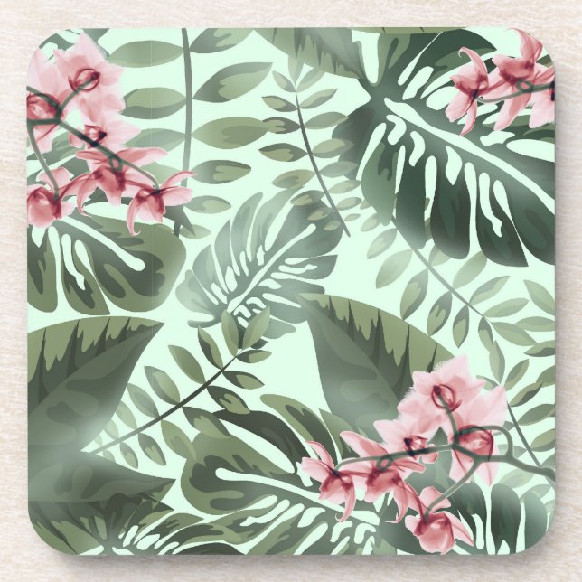 Porta-copo Green Jungle Print and Orchids Plastic Coaster Set (Frente)
