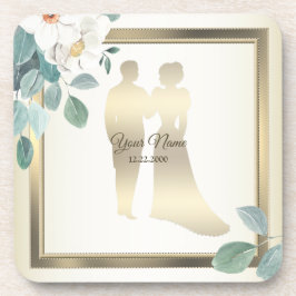 Porta-copo Green Leaves Flower Golden Frame Wedding Party
