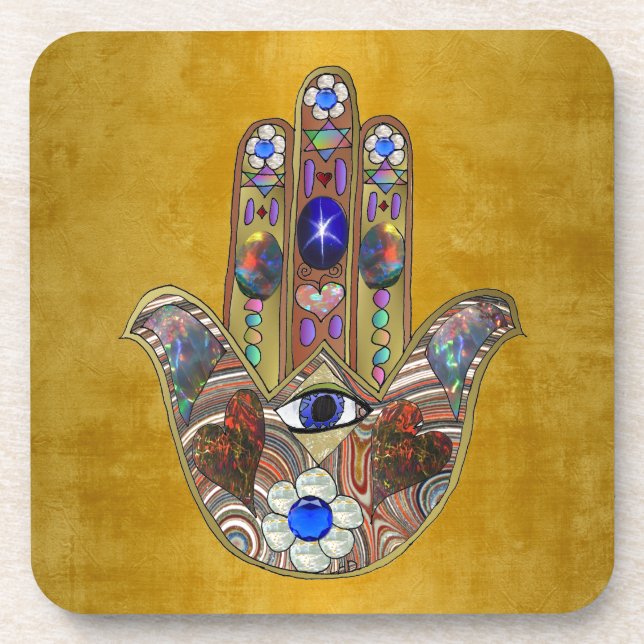 Porta-copo Hamsa Hearts Flowers Opal Art em Dourado (Frente)