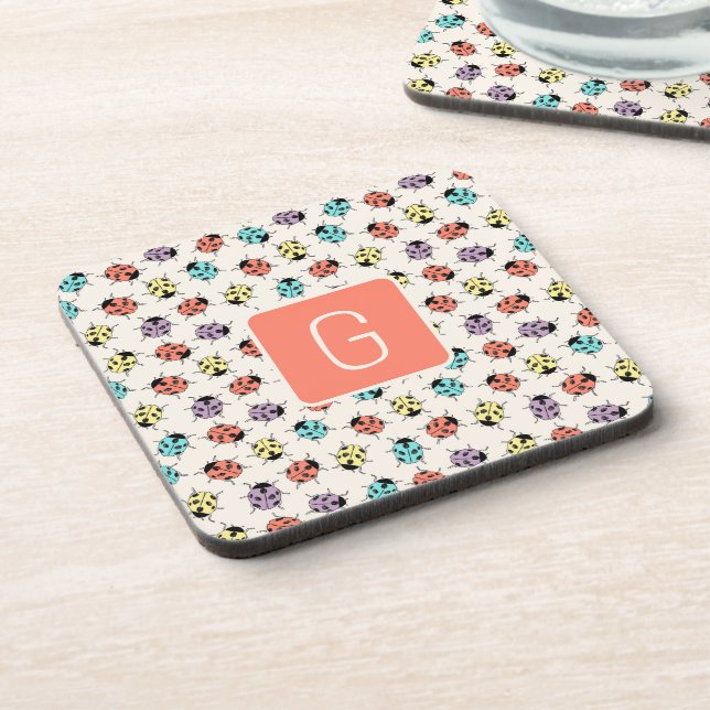 Porta-copo Hand Drawn Doodle Ladybugs Monogram Coaster (Left Side)