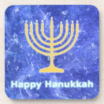 Porta-copo Hanukkah Snowstorm Menorah<br><div class="desc">Uma menorah Hanukkah de ouro brilhante e texto lendo "Happy Hanukkah" em azul e branco brilhando sobrepôs-se a uma imagem fractal azul e branca que lembra os flocos de neve em uma tempestade. Chag Sameach!</div>