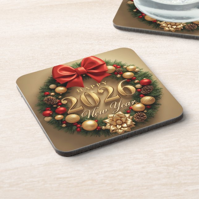 Porta-copo happy new year 2026 golden wreath coasters (Left Side)