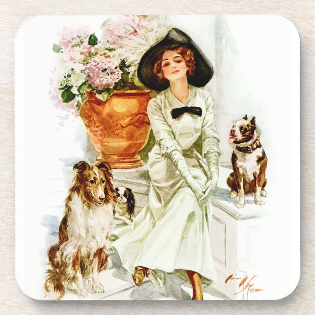 Porta-copo Harrison Fisher: Mulher com três cães (Frente)