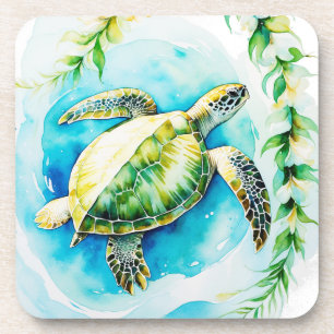 Porta-copo Havaiana Honu com Plumeria & Maile Watercolor