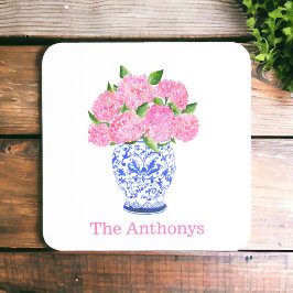 Porta-copo Hidrângea Rosa em Aquarela Chinoiserie Nome