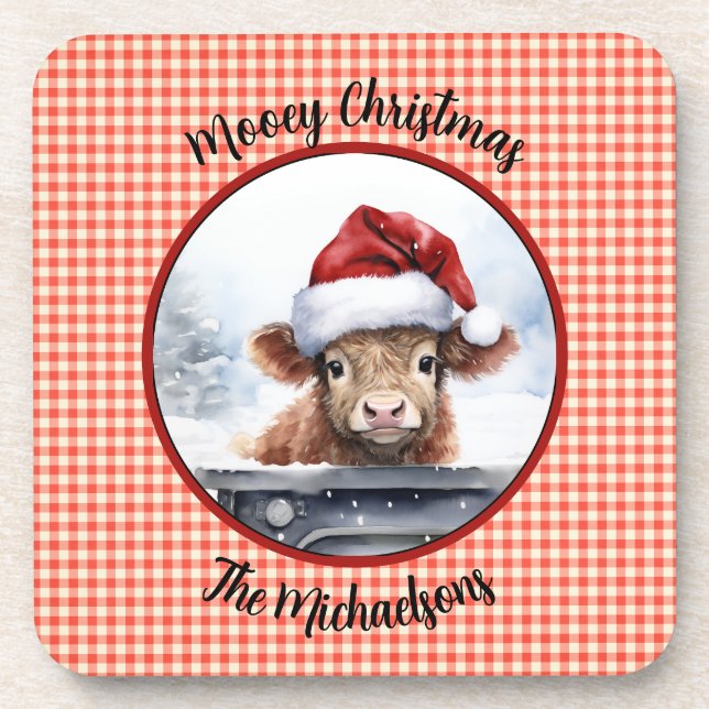 Porta-copo Highland Cow n Santa Hat Gingham Mooey Christmas (Frente)