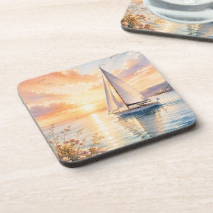 Porta-copo Iate de Luxo ao Nascer do Sol Aquarela