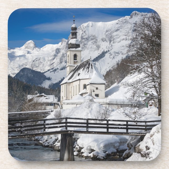 Porta-copo Igreja na neve com montanhas alpinas (Frente)