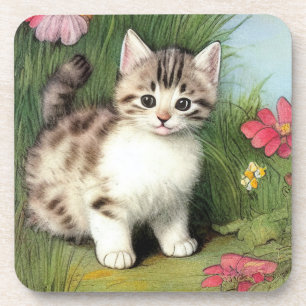 Porta-copo Ilustração de Gato Vintage com Flores Vermelhas