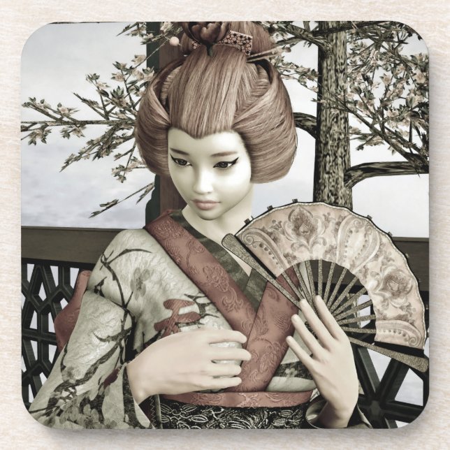Porta-copo Ilustração de Leque de Kimono de Geisha Vintage (Frente)