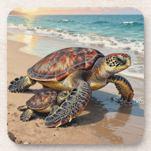 Porta-copo Ilustração de Tartaruga Marinha e Bebê na Praia