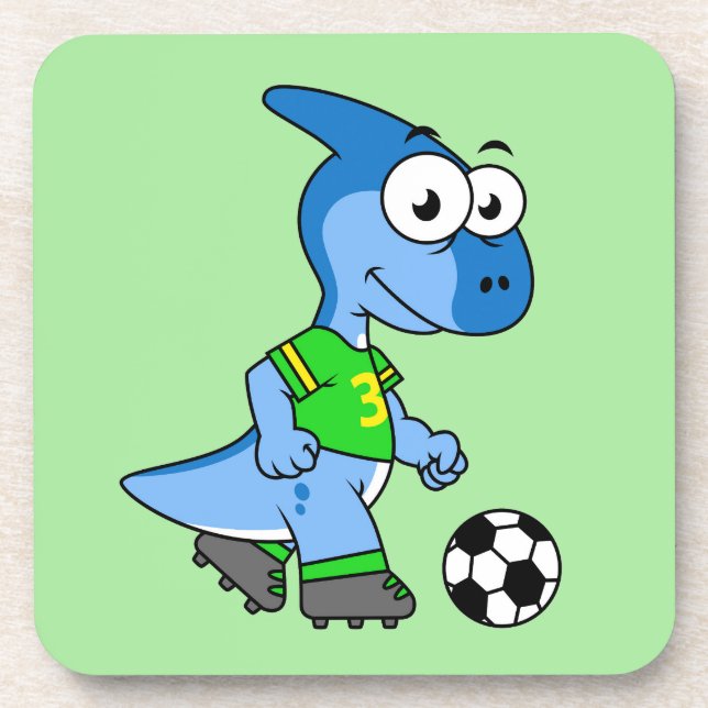 Porta-copo Ilustração De Um Parasaurolofo Jogando Futebol. (Frente)
