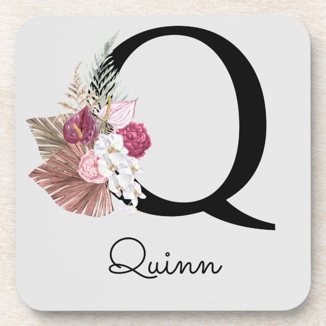 Porta-copo Inicial Q Monogramada Rosa Boho Floral (Frente)