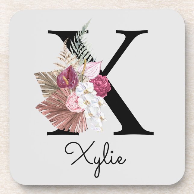 Porta-copo Inicial X em Rosa Floral Boho Monogramada (Frente)