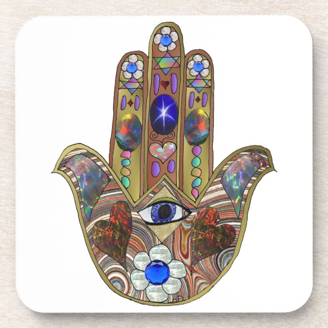 Porta-copo Judaica Hamsa Hearts Flowers Opal Art Impressão (Frente)