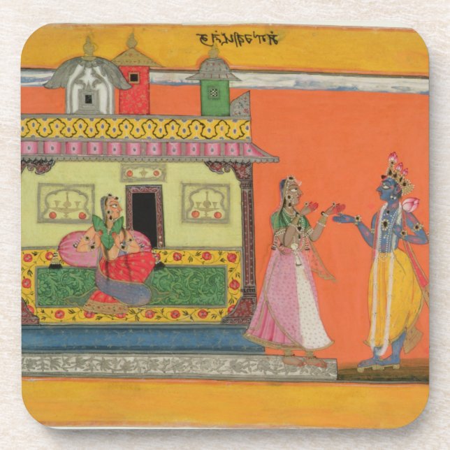 Porta-copo Krishna que chega na casa de Radha, ilustração (Frente)