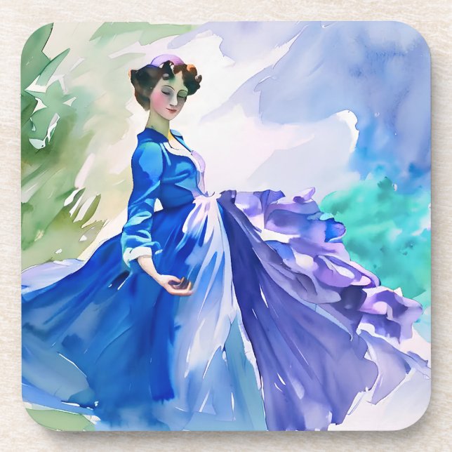 Porta-copo Lady in Blue Vress - Pintura por Aquarela (Frente)