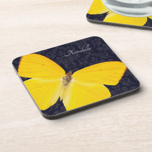 Porta-copo Legenda Yellow Butterfly Black Damask Add Name