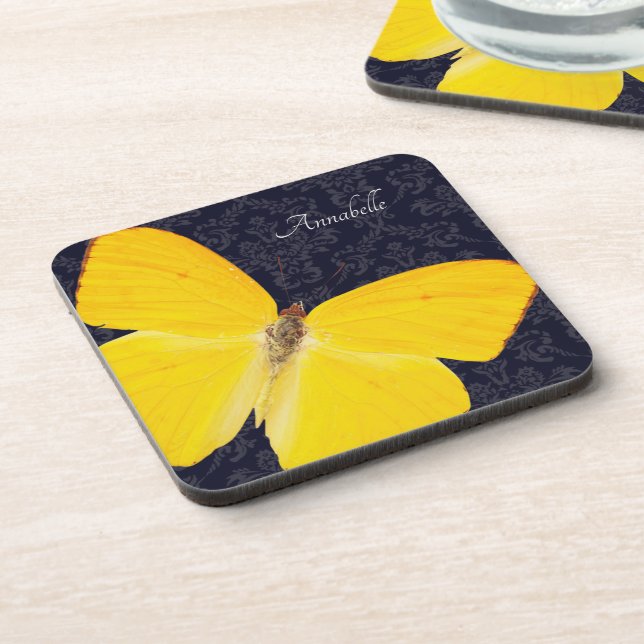 Porta-copo Legenda Yellow Butterfly Black Damask Add Name (Left Side)