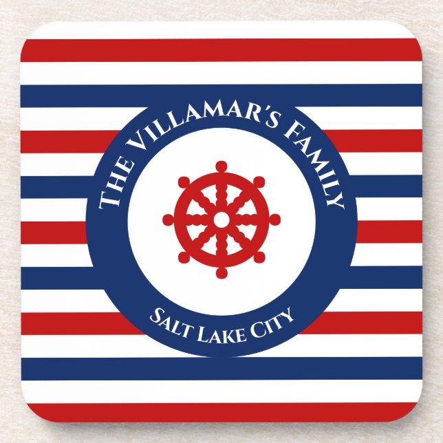 Porta-copo Leme Náutico Azul Marinho Vermelho Listras Brancas (Frente)