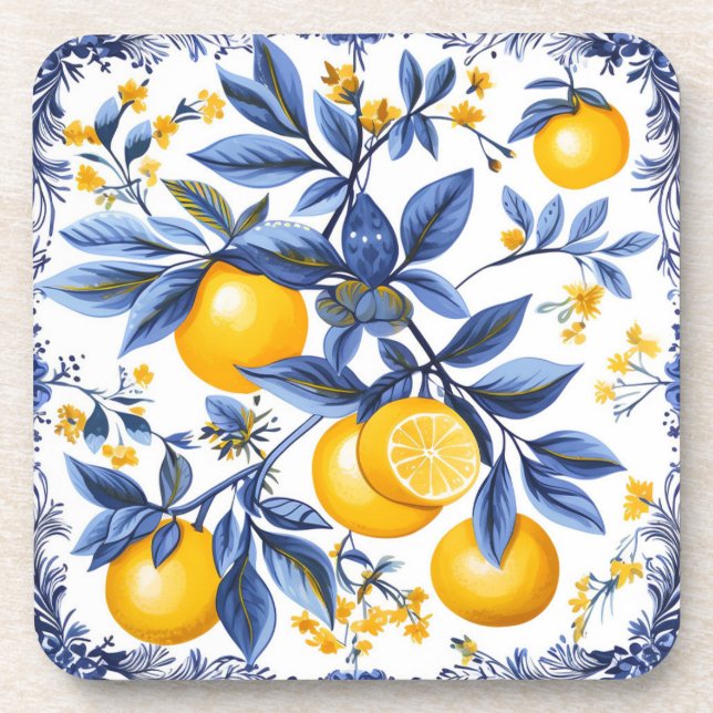 Porta-copo 🍋 Lemon Azulejo com elementos azuis (Frente)