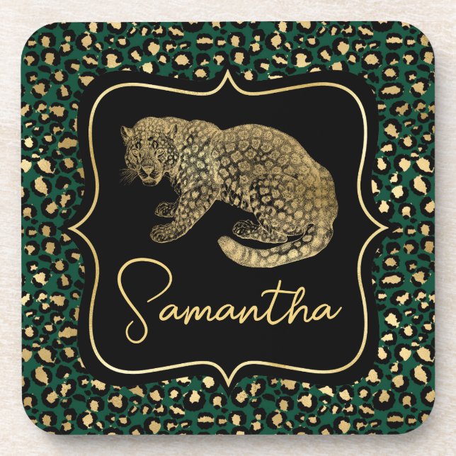 Porta-copo Leopardo Dourado e Impressão de Leopardo Verde (Frente)