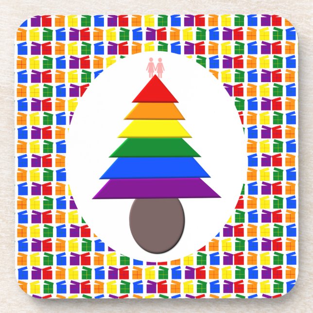 Porta-copo Lésbicas Árvore de Natal Rainbow e Presentes (Frente)