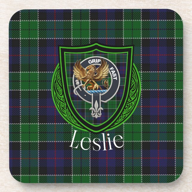 Porta-copo Leslie Scottish Clan Tartan & Crest (Frente)