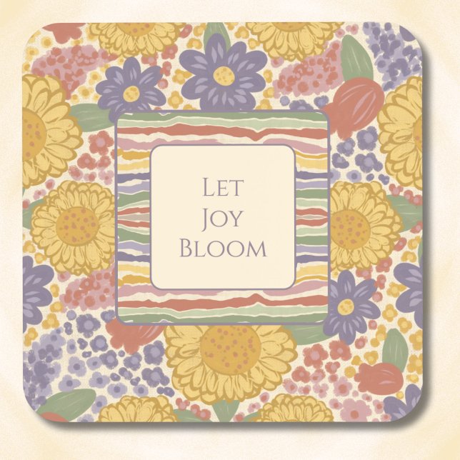 Porta-copo Let Joy Bloom Coaster Set – Editable Text (Let Joy Bloom Coaster Set – Personalized Inspirational Quote – Custom Floral Striped Drink Coasters)