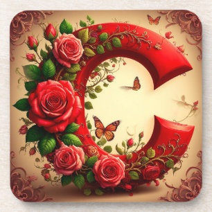 Porta-copo Letra C Vermelha Elegante por Rosas e Borboleta