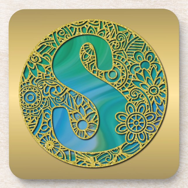 Porta-copo Letra Dourada inicial e turquesa do monograma mode (Frente)