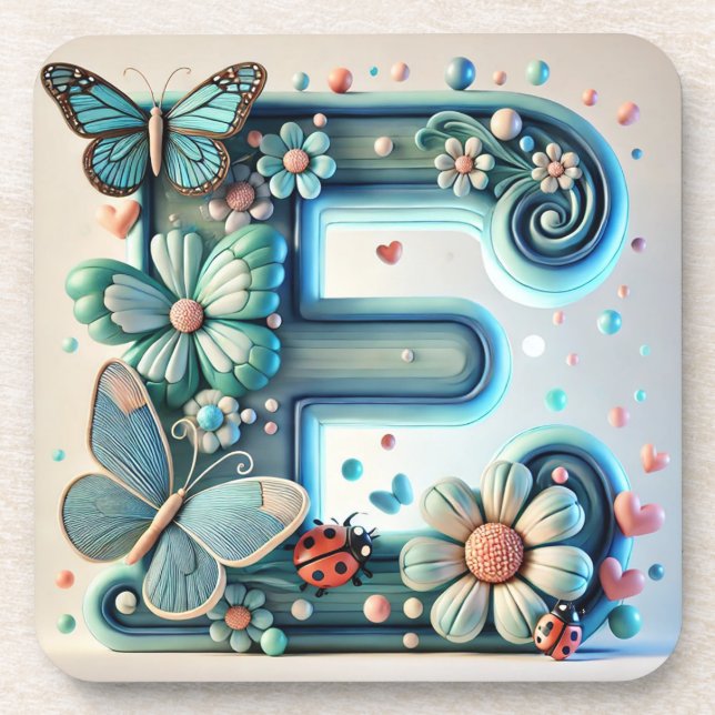 Porta-copo Letra E Floral Elegante com Borboletas (Frente)