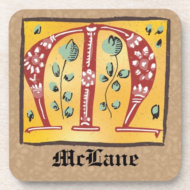 Porta-copo Letra Floral Iluminada Medieval M Monograma (Frente)