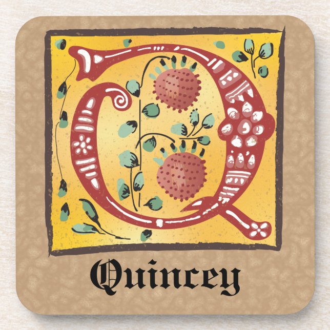 Porta-copo Letra Floral Iluminada Medieval Q Monograma (Frente)