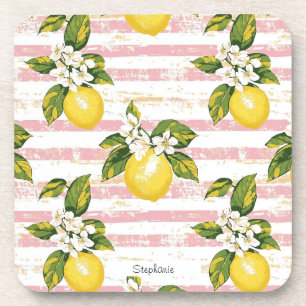 Porta-copo Limões Vintage e Blooms em Strips Rosa e Branca