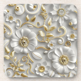 Porta-copo Linda Branca E Dourada Floral 3D