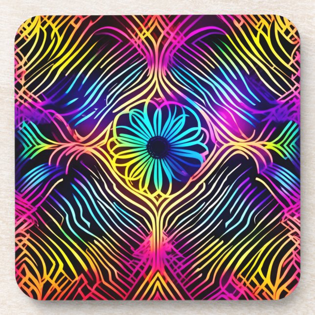 Porta-copo Linhas de Neon Psicodélicas com Arte Flor (Frente)