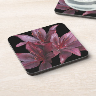 Porta-copo Lírios asiáticos vermelhos escuros no Floral Negro