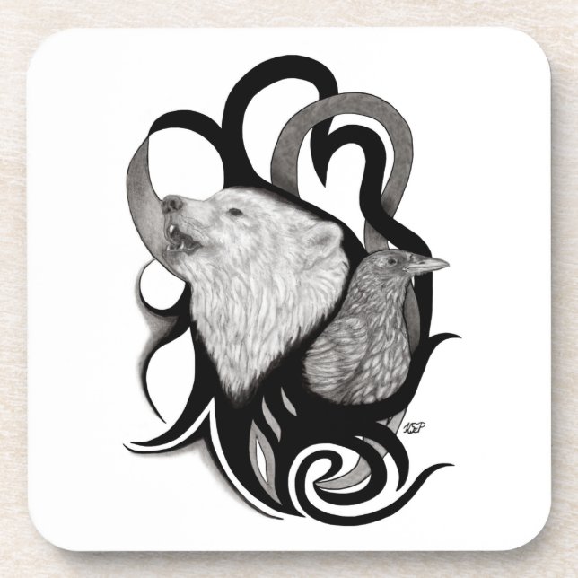 Porta-copo Lobo Branco com Arte Tribal Raven (Frente)