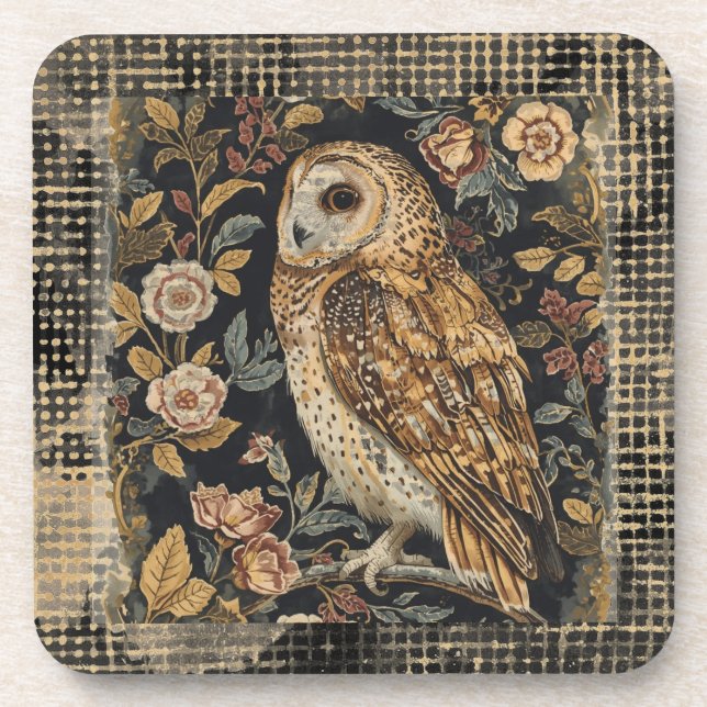 Porta-copo Lovely Owl in the Flowers Garden ,Gold Checkered (Frente)
