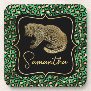 Porta-copo Luxo Estampa De Leopardo Verde Dourado Monograma A