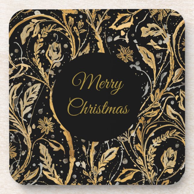 Porta-copo Luxury Black Gold Flowers Pattern, Merry Christmas (Frente)