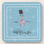 Porta-copo Magic and Wonder Christmas Snowman Blue ID440<br><div class="desc">Beautiful minimalist Christmas beverage coaster design featuring a stylized snowman framed in white on a cadet blue background scattered with snowflakes and stars. Elegant typography of 'Magic and Wonder' completes the design. Add your name to personalize if preferred. Search ID440 to see other coordinating products and additional color options for...</div>