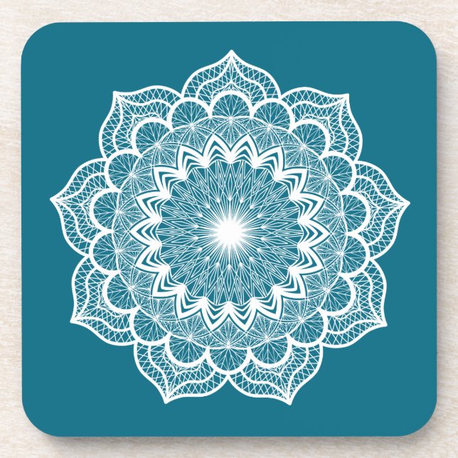 Porta-copo Mandala Branco em Fundo Azul (Frente)