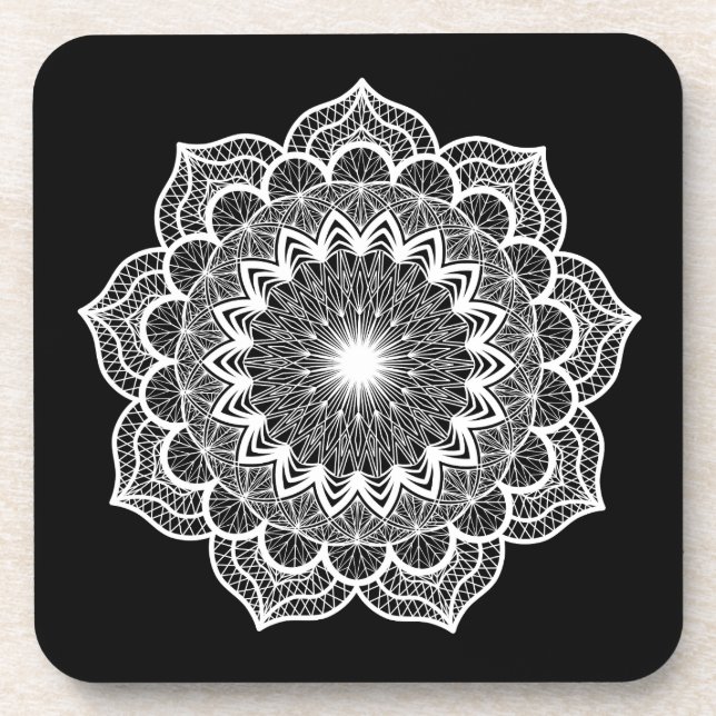 Porta-copo Mandala Branco em Fundo Preto (Frente)