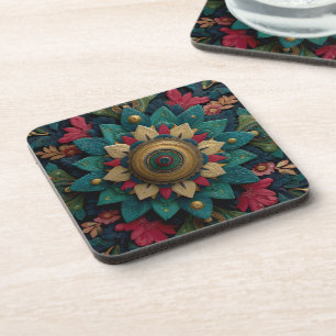 Porta-copo Mandala Floral Texturizada Intrincada em Turquesa